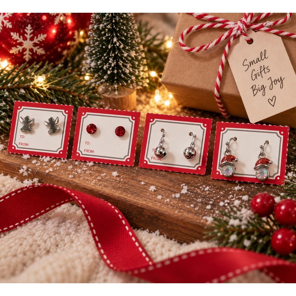 Christmas Earring Lot, Angel Red Crystal Jingle Bell Santa Hat Holiday Jewelry